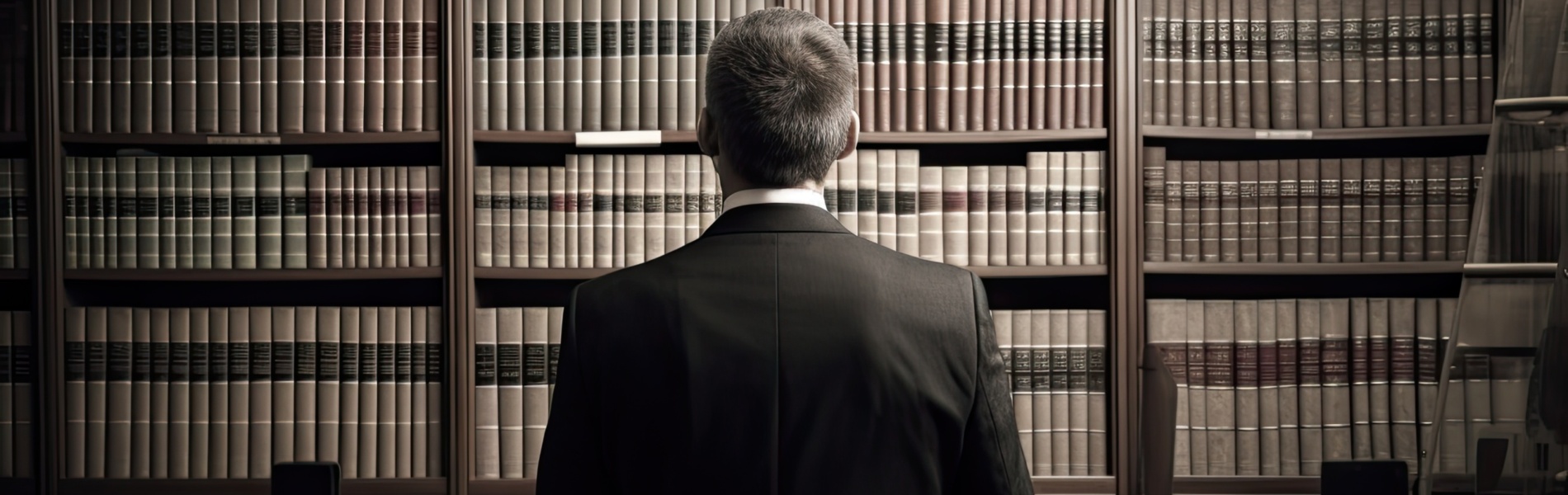 Generative AI Rear view of a businessman standing in front of bookshelves, Male lawyer full rear view in front of a low book library, Ai Generated
